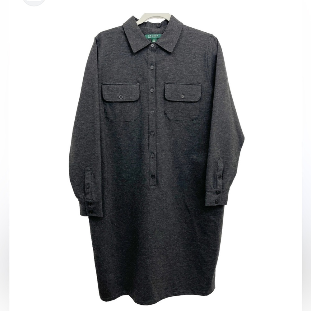 Ralph Lauren Ponte Knit Long Sleeve Shirt Dress Stretch Black Grey Button down